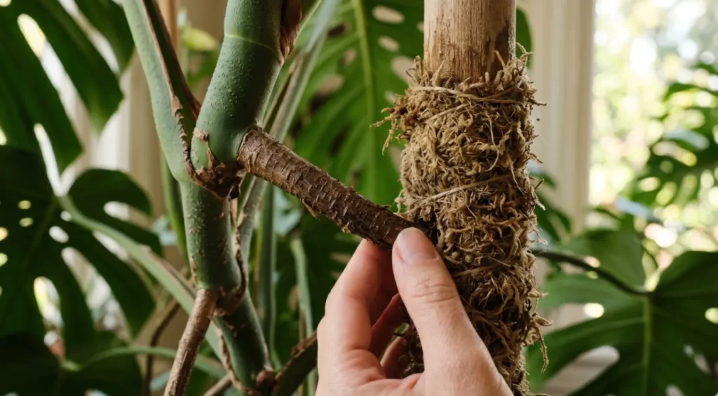 monstera aerial roots growing from stem nodes